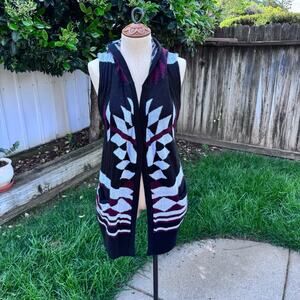 Chocolate Usa Aztec Hooded Sleeveless Open Cardigan Women's M/L